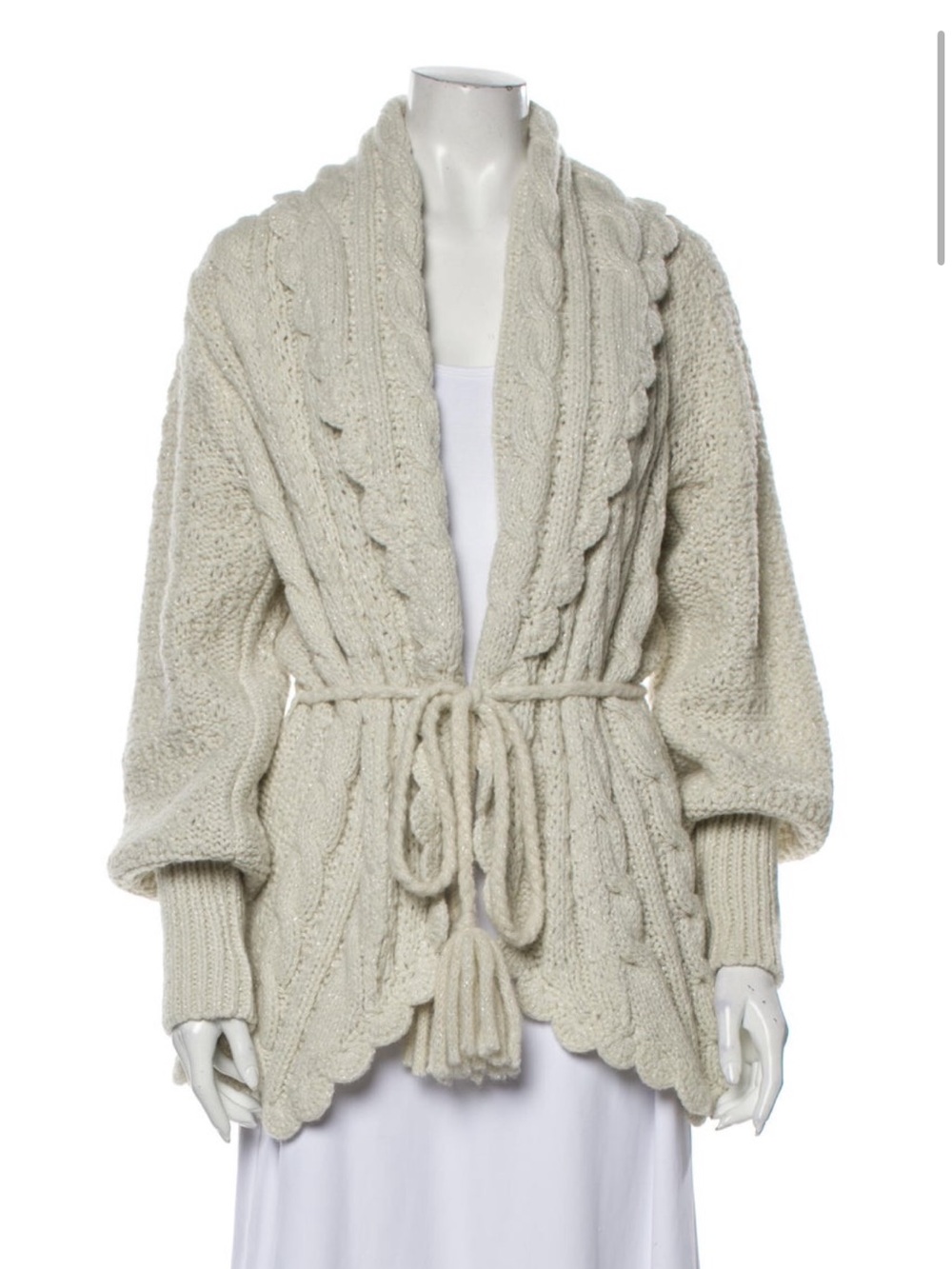 LoveShackFancy Ivory Cable-Knit Shawl Cardigan with Tie